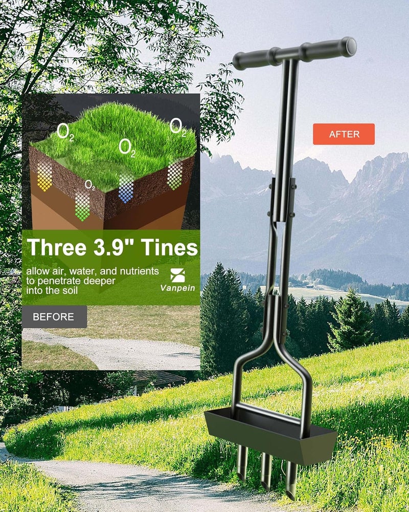 vanpein Store Lawn Aerator Coring Garden Tool with Soil Core Storage Tray, Manual Yard Plug Aerators & Clean Tool, Grass Aeration Gardening Tools with 3 Tines for Lawn Care, Compacted Soil, 37.6” - Image 5